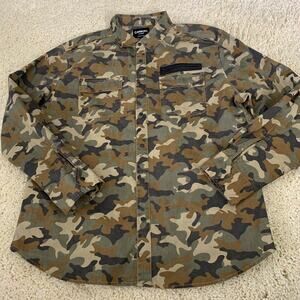 Carbon Mens XL Camouflage Military Style Snap Shirt Long Sleeve Side Zips Twill